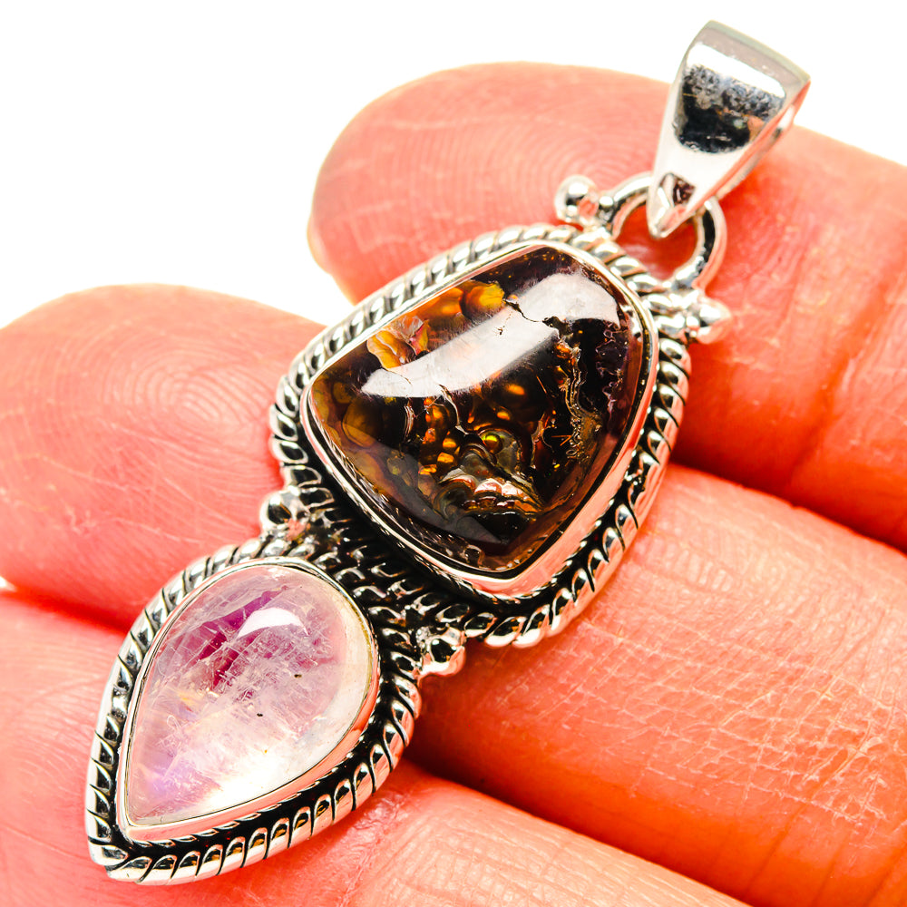 Sterling silver gemstone pendant with amber fire agate and pink moonstone cabochon