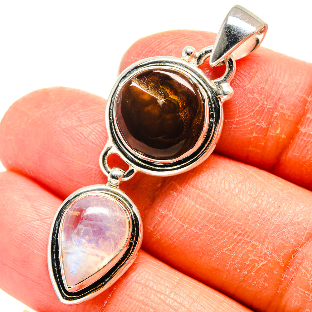 925 sterling silver pendant with amber fire agate and opal-like moonstone teardrop