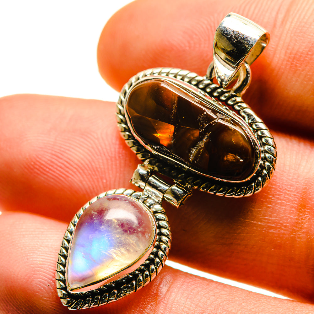 Sterling silver double oval gemstone pendant with amber fire agate and rainbow moonstone cabochons