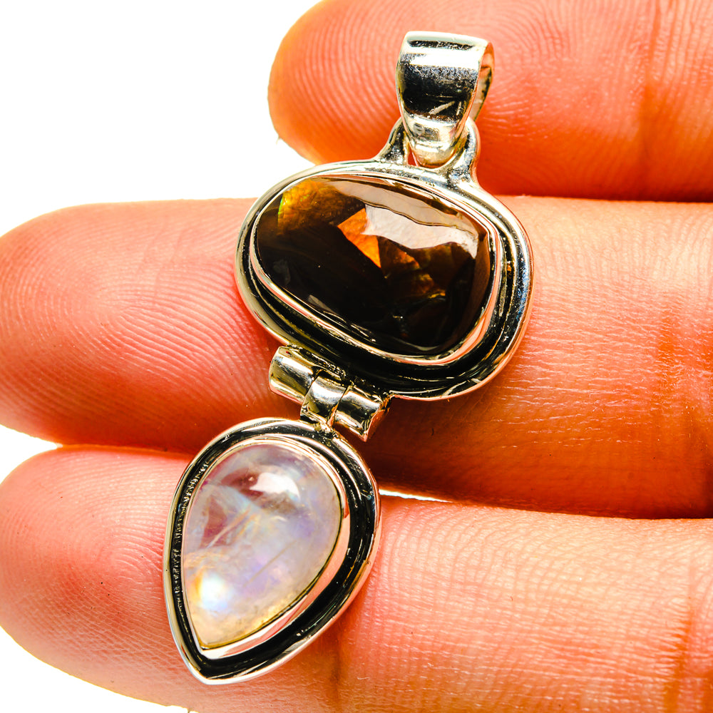 Sterling silver pendant with amber fire agate and iridescent moonstone cabochons