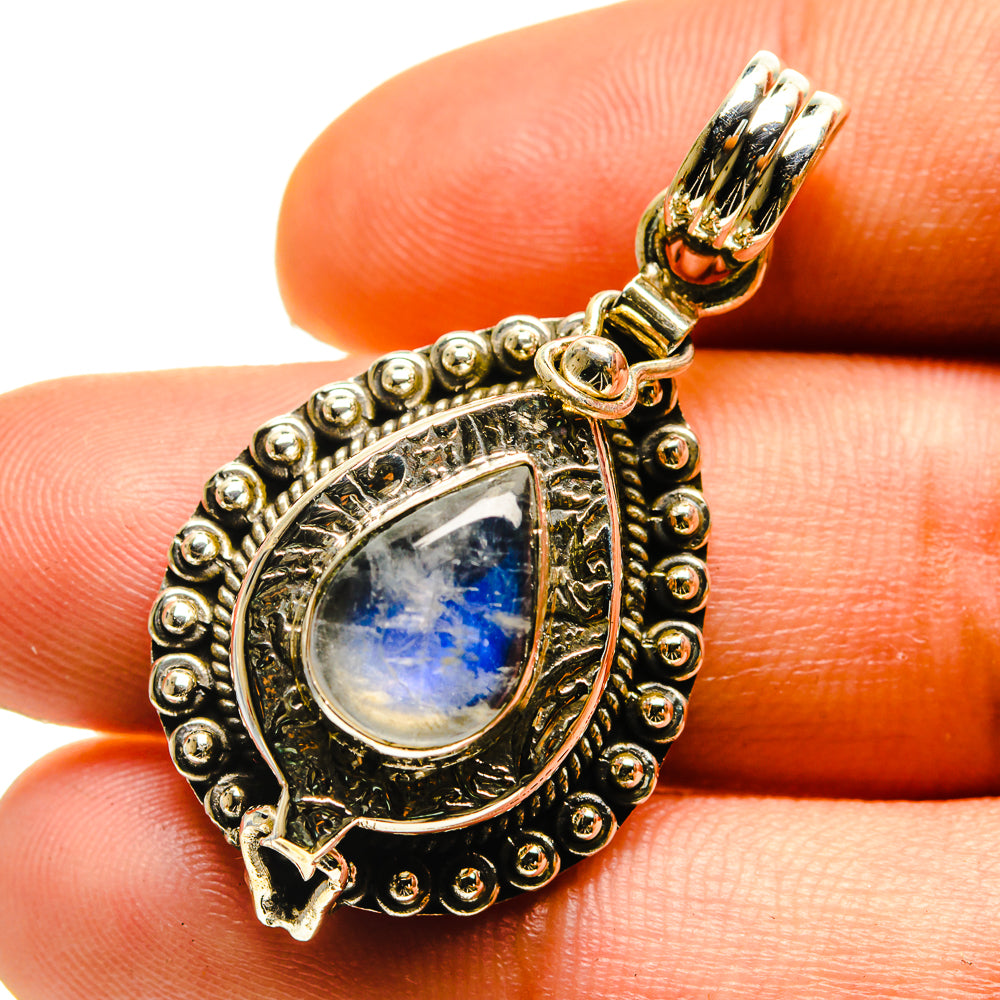 Sterling silver poison pendant with teardrop blue moonstone and ornate bead border