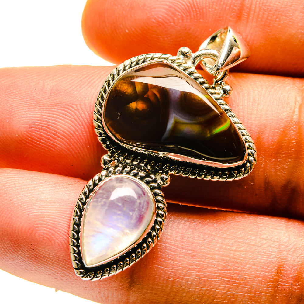 925 sterling silver pendant with teardrop amber fire agate and rainbow moonstone