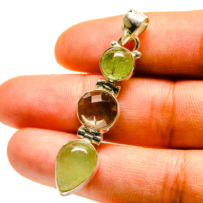 925 sterling silver prehnite and quartz pendant, round & oval green stones