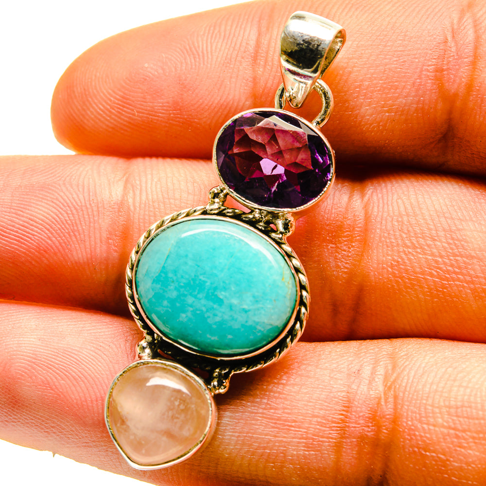 925 sterling silver pendant with amethyst, larimar, and rose quartz stones in scalloped bezel
