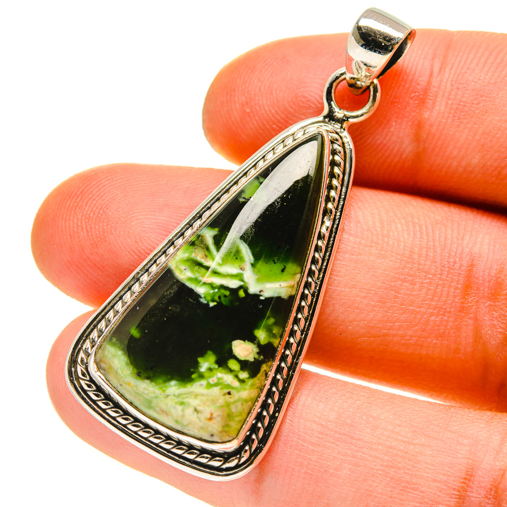 Green opal teardrop pendant in 925 sterling silver bezel, bail loop detail
