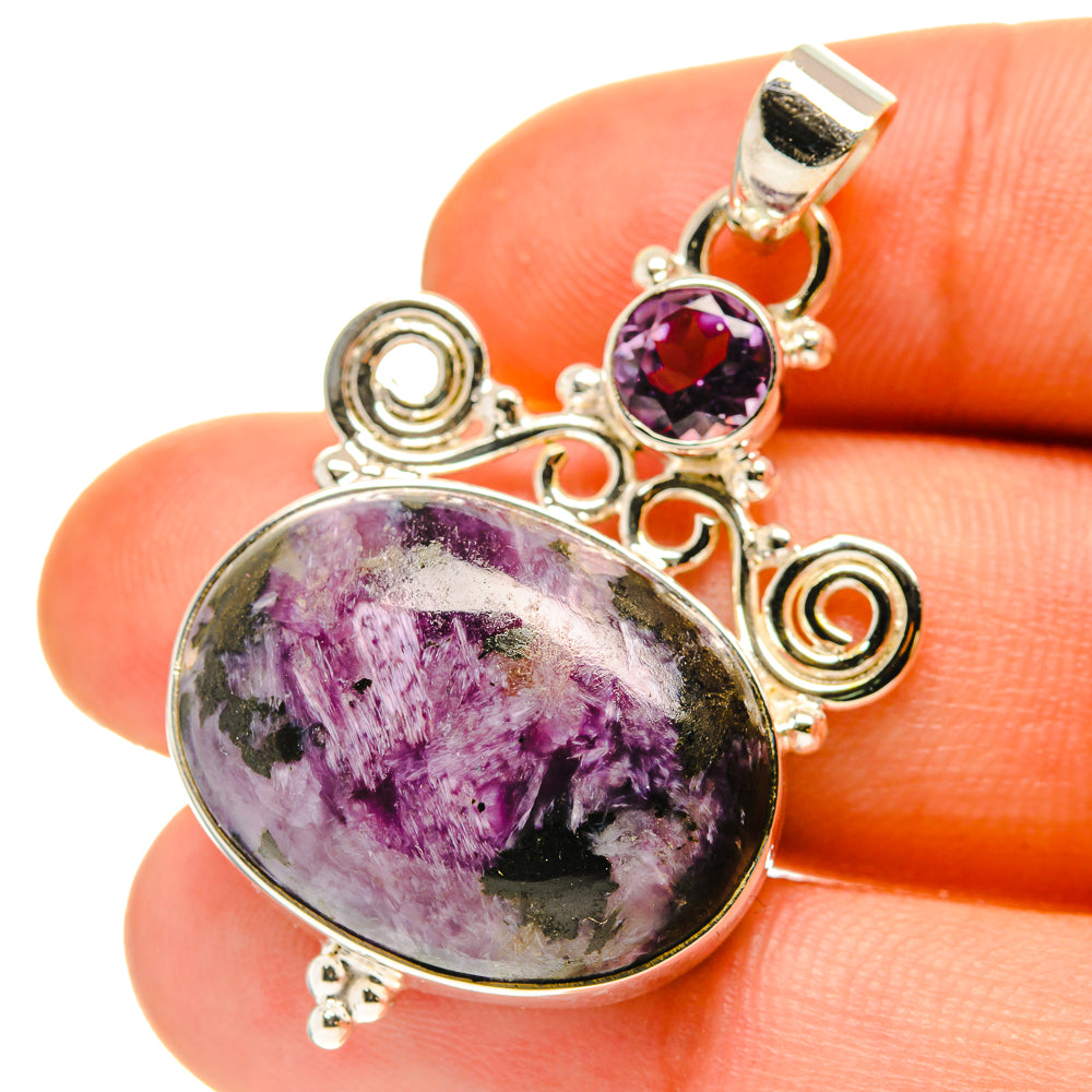 Charoite and amethyst pendant in 925 sterling silver, oval stone with round purple gem