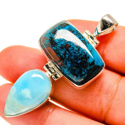 Sterling silver pendant with blue shattuckite rectangle and light blue teardrop larimar