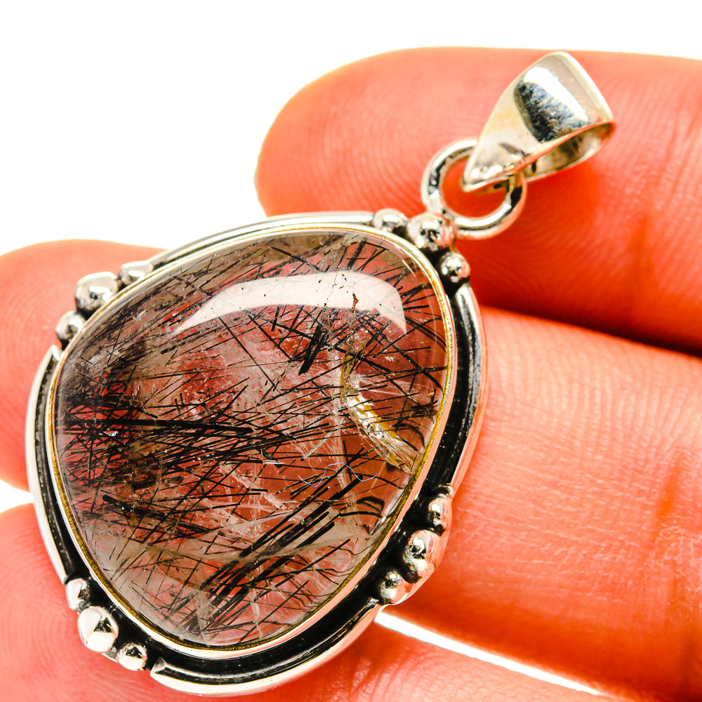 Tourmalinated quartz pendant in oval 925 sterling silver bezel with bail and black needle inclusions