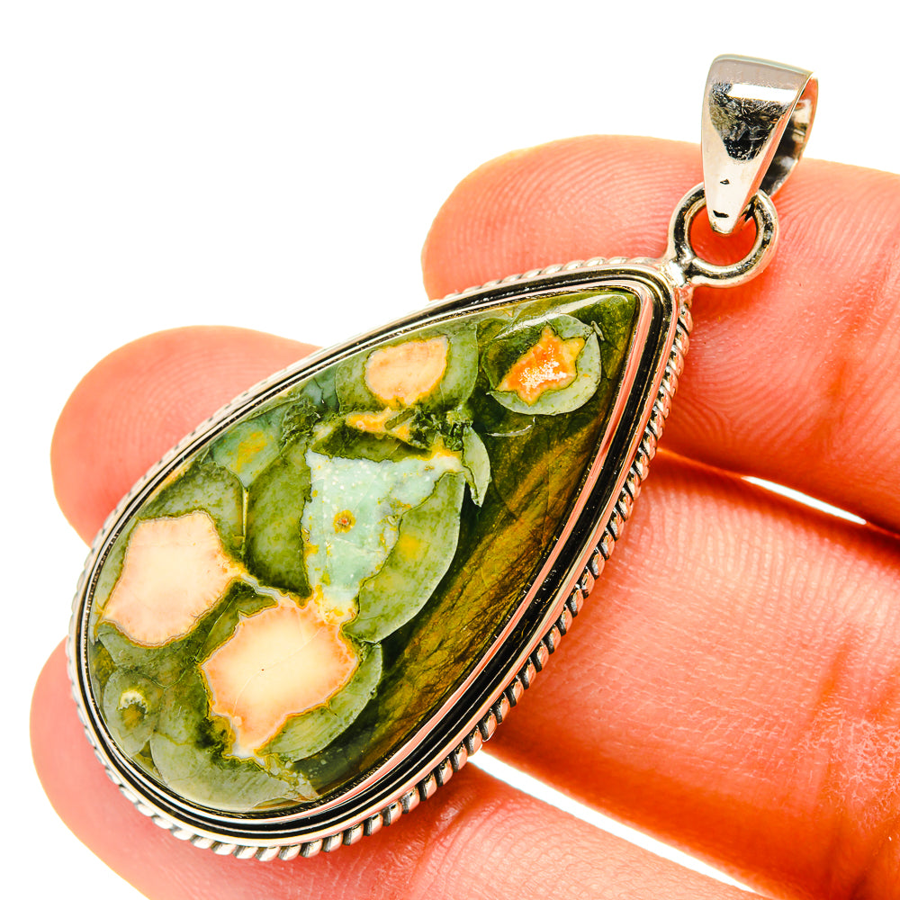 925 sterling silver teardrop opal pendant, green stone with orange patches, loop bail