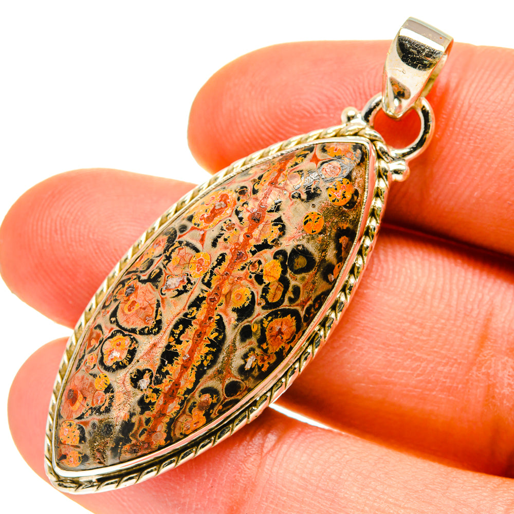Oval Poppy Jasper pendant in 925 sterling silver with orange, black, and gold pattern