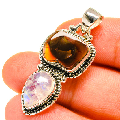 Sterling silver pendant with orange fire agate and pale pink moonstone, bail on top