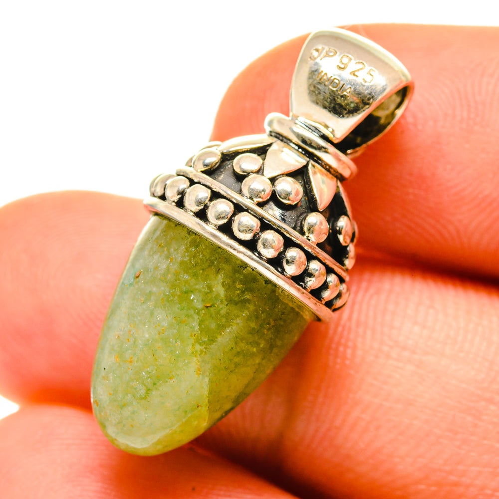 Green aventurine pendant in 925 sterling silver, teardrop stone with beaded bezel