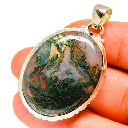Oval green moss agate pendant with 925 sterling silver bezel