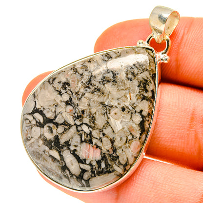 Sterling silver teardrop pendant with crinoid fossil stone cabochon, close view