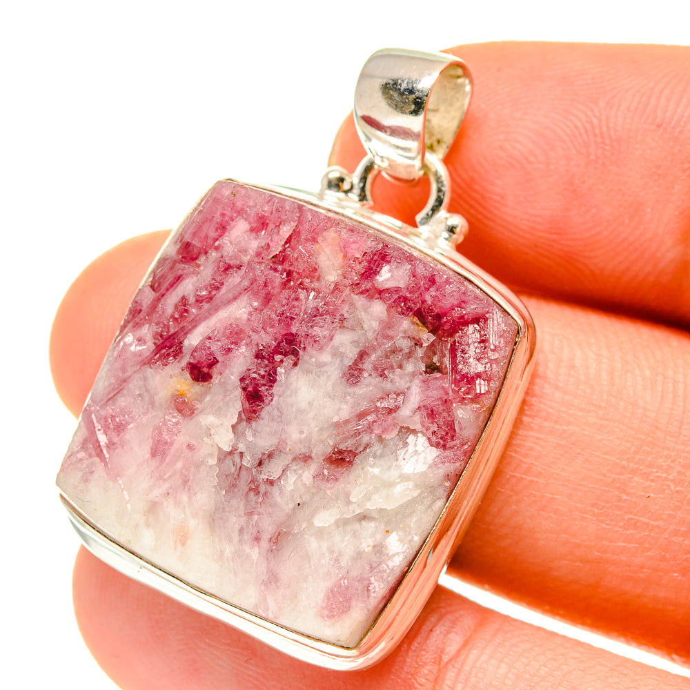 Tourmaline in quartz pendant with pink gemstone in silver square bezel