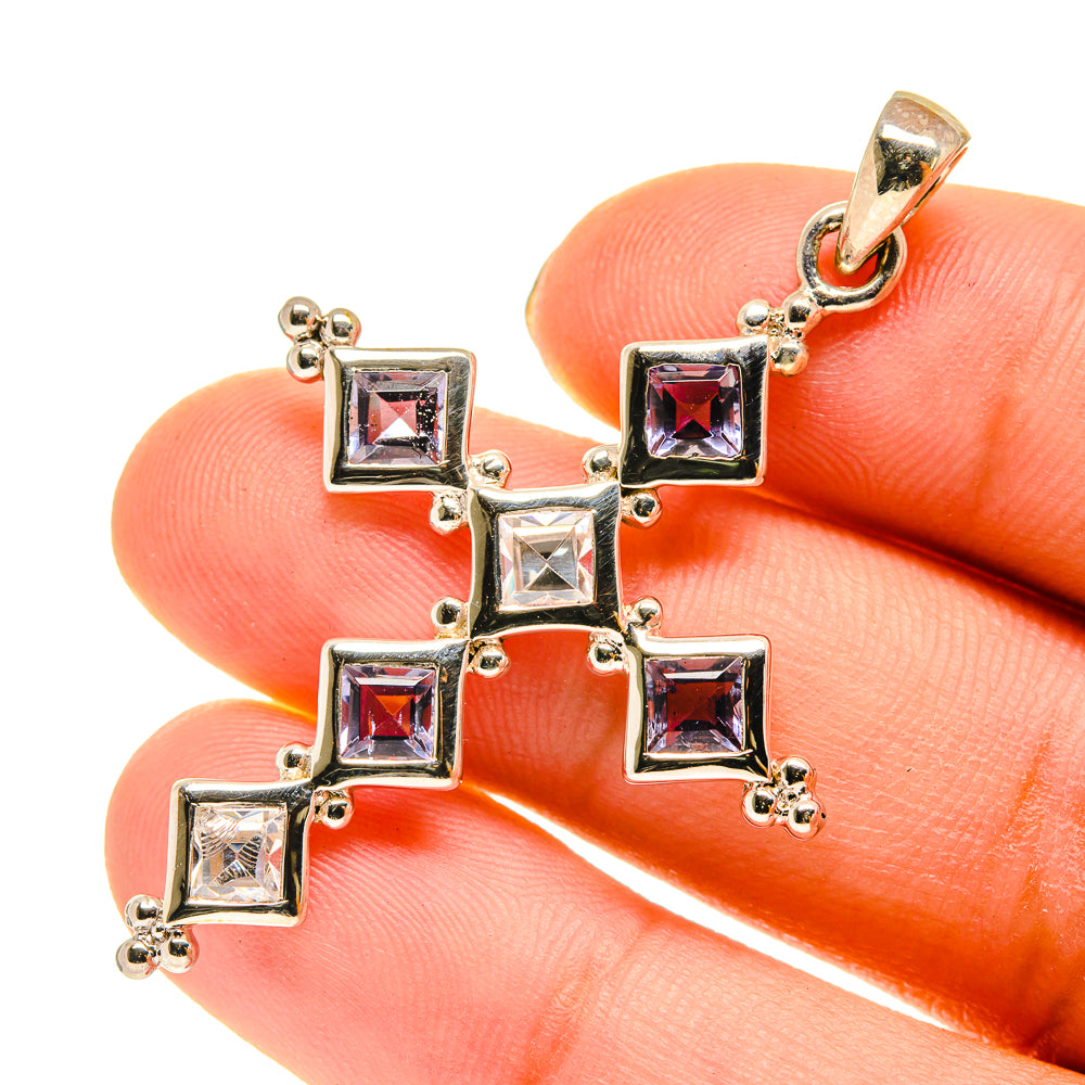 925 sterling silver cross pendant with faceted blue-violet gemstone squares