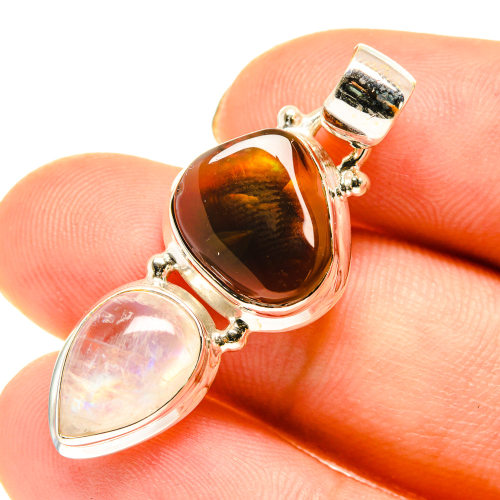 Sterling silver pendant with amber and pale pink teardrop gemstone cabochons