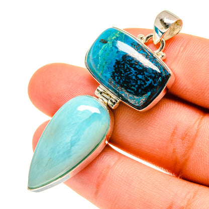Sterling silver gemstone pendant with blue and turquoise oval stones in prong setting