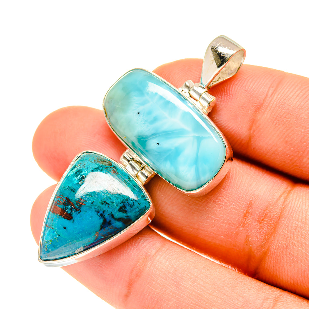 Larimar and shattuckite pendants with silver-tone settings; light blue oval and teal teardrop