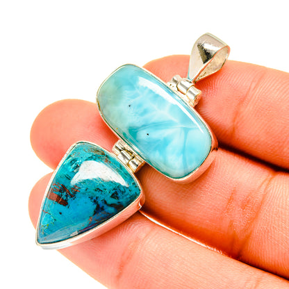 Larimar and shattuckite pendants with silver-tone settings; light blue oval and teal teardrop