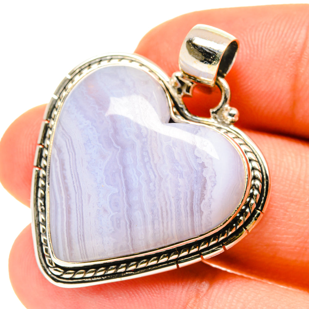 Heart pendant with blue lace agate, 925 sterling silver bail and border detail