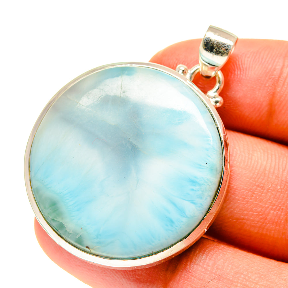 Round larimar pendant on 925 sterling silver bail, light blue cabochon in bezel