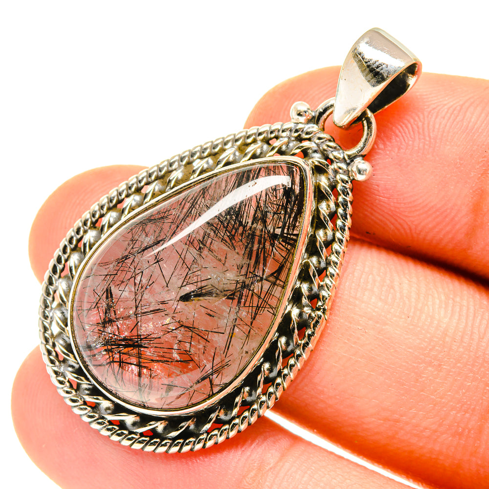 Tourmalinated quartz pendant in 925 sterling silver teardrop bezel, red needle inclusions
