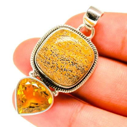 925 sterling silver double pendant, close-up: orange speckled jasper and teardrop citrine