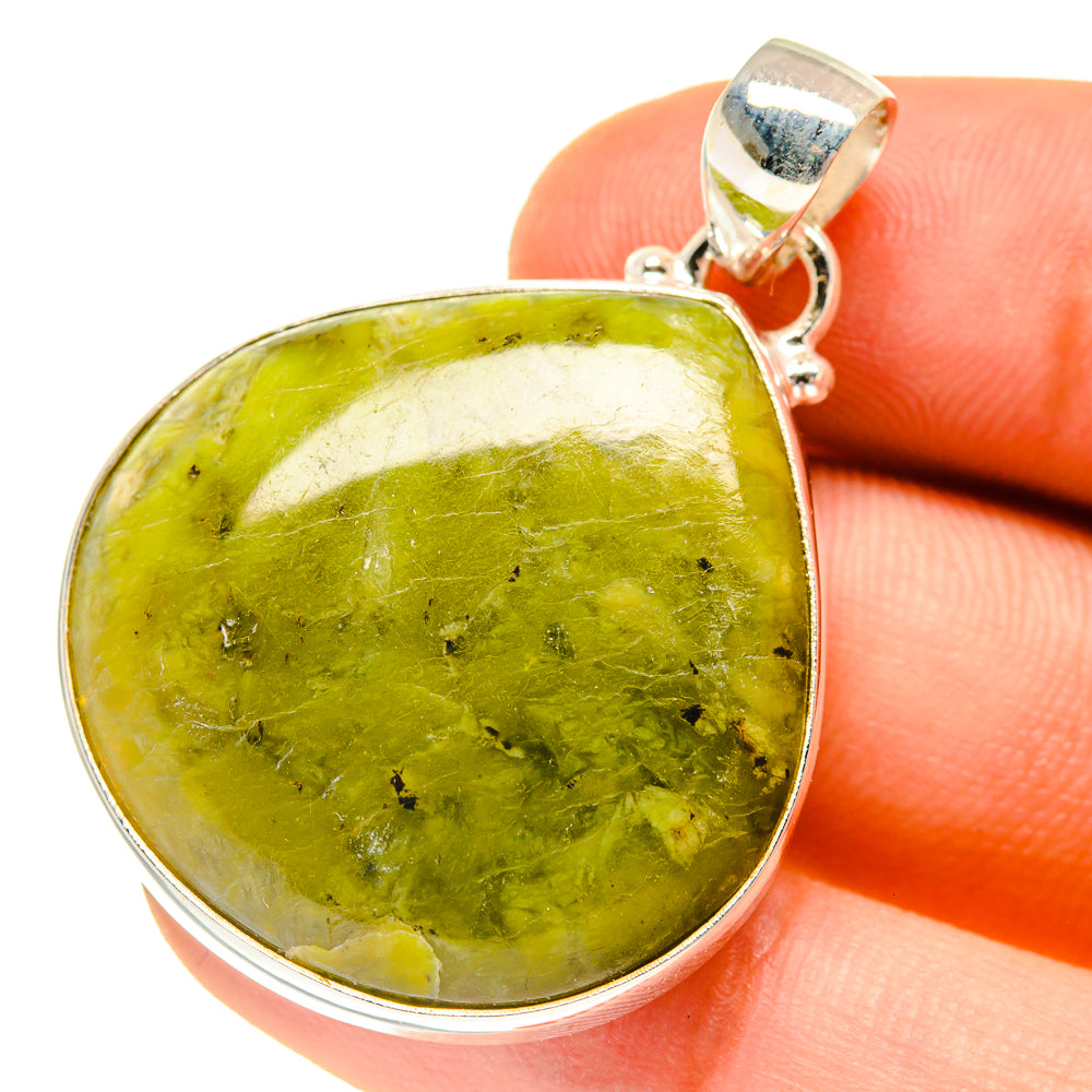 Green opal teardrop pendant, 925 sterling silver bezel and side view bail