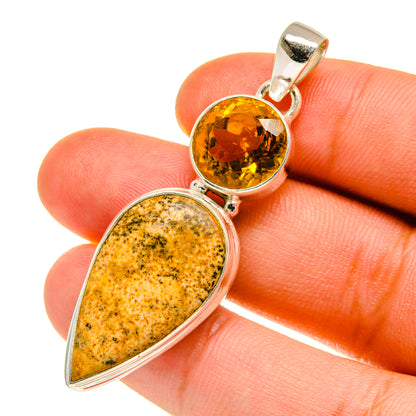 Sterling silver pendant with yellow citrine and pear-shaped picture jasper stone