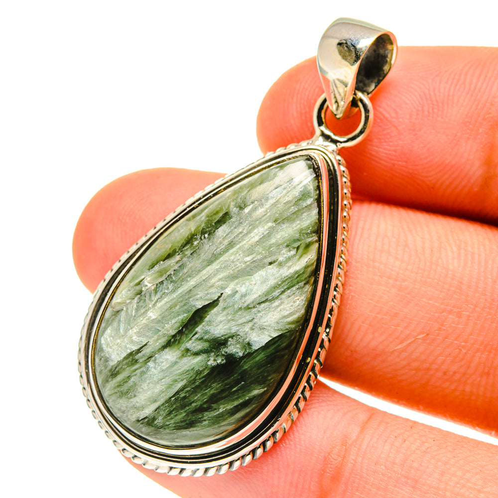Seraphinite pendant in 925 sterling silver, teardrop green gemstone with bail
