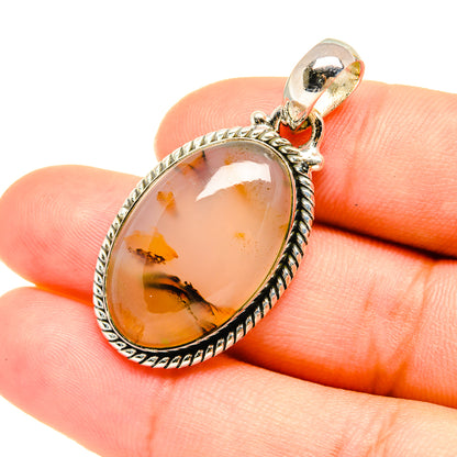Oval Montana agate pendant close-up, 925 sterling silver textured bezel and bail
