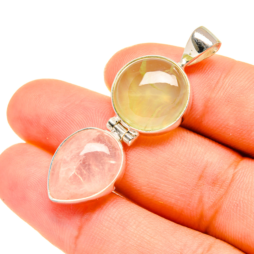 Two teardrop gemstone pendants: rose quartz pink and prehnite yellow-green, sterling silver