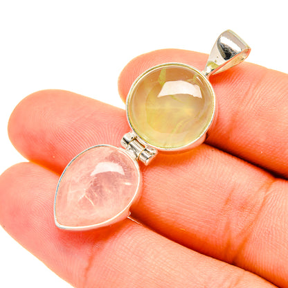 Two teardrop gemstone pendants: rose quartz pink and prehnite yellow-green, sterling silver