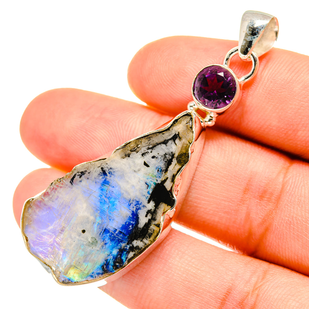 Amethyst and rainbow moonstone pendant, rough teardrop stones in sterling silver