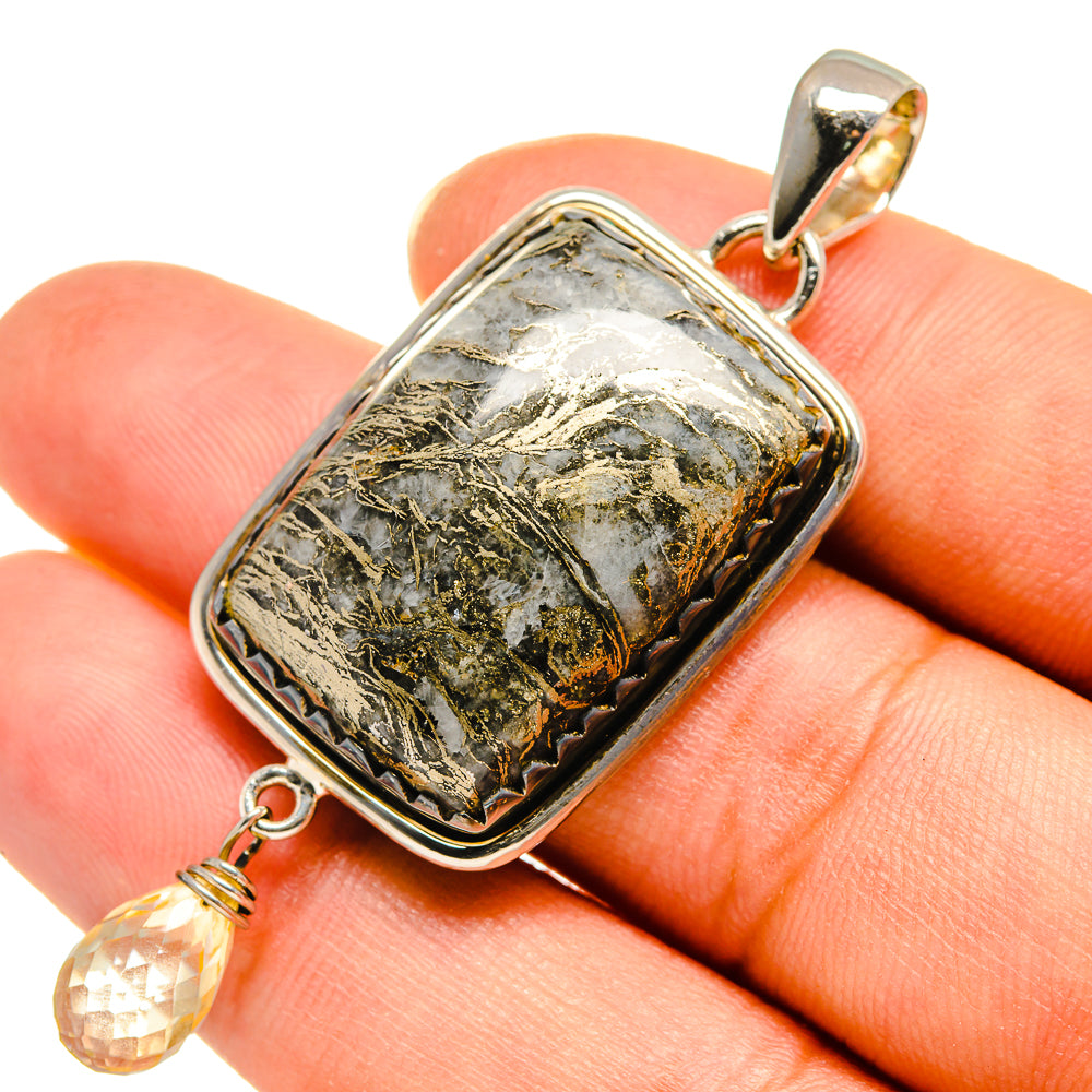 Sterling silver pendant with rectangular pyrite agate and small citrine teardrop charm