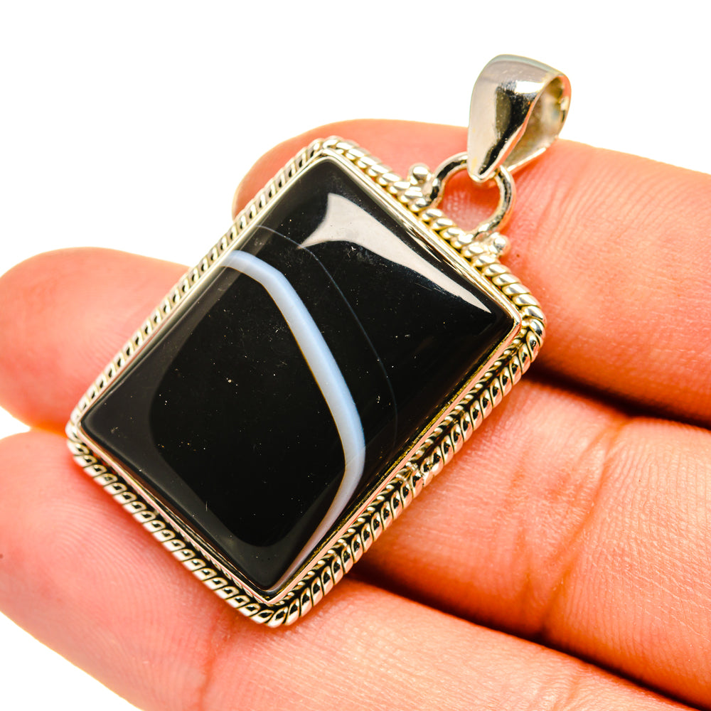 Black agate pendant with blue veining, rectangular bezel, 925 sterling silver bail