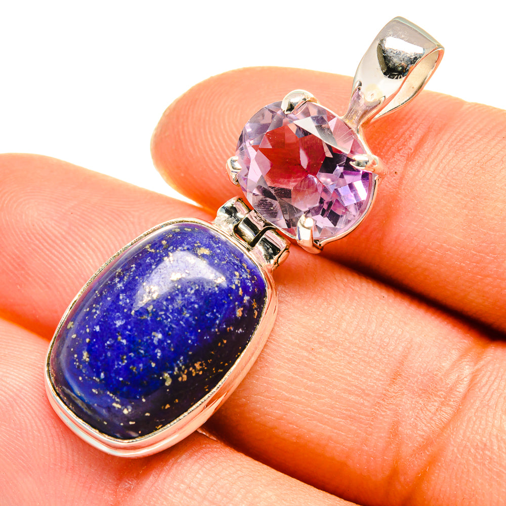 Close-up of 925 sterling silver pendant with oval lapis lazuli and pink amethyst gem