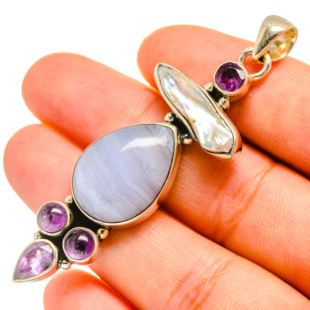 Blue Lace Agate, Mother Of Pearl, Amethyst Pendants handcrafted by Ana Silver Co - PD8018