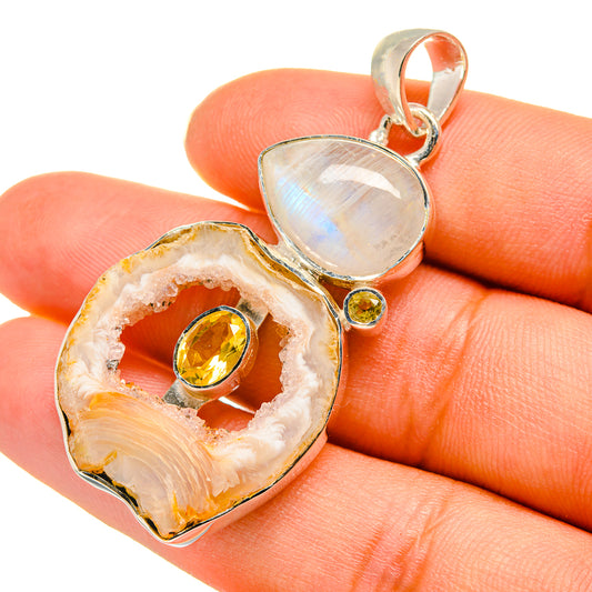 Coconut Geode Druzy, Rainbow Moonstone, Peridot Pendants handcrafted by Ana Silver Co - PD8020