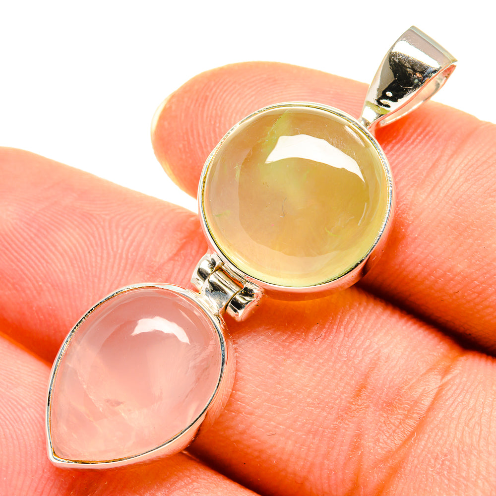 Two-stone oval pendant in 925 sterling silver with rose quartz and prehnite cabochons