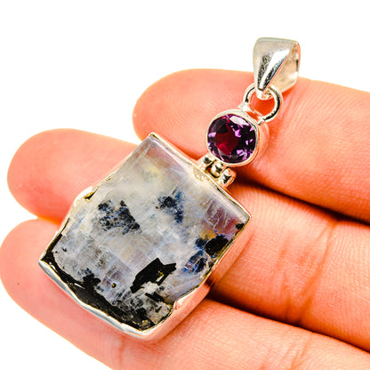 Sterling silver pendant with rainbow moonstone rectangle and purple amethyst round stone