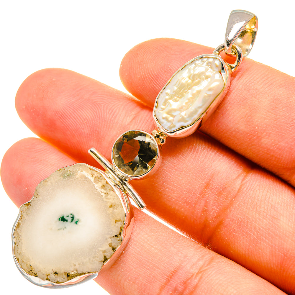 White Solar Quartz, Mother Of Pearl, Peridot Pendants handcrafted by Ana Silver Co - PD8156