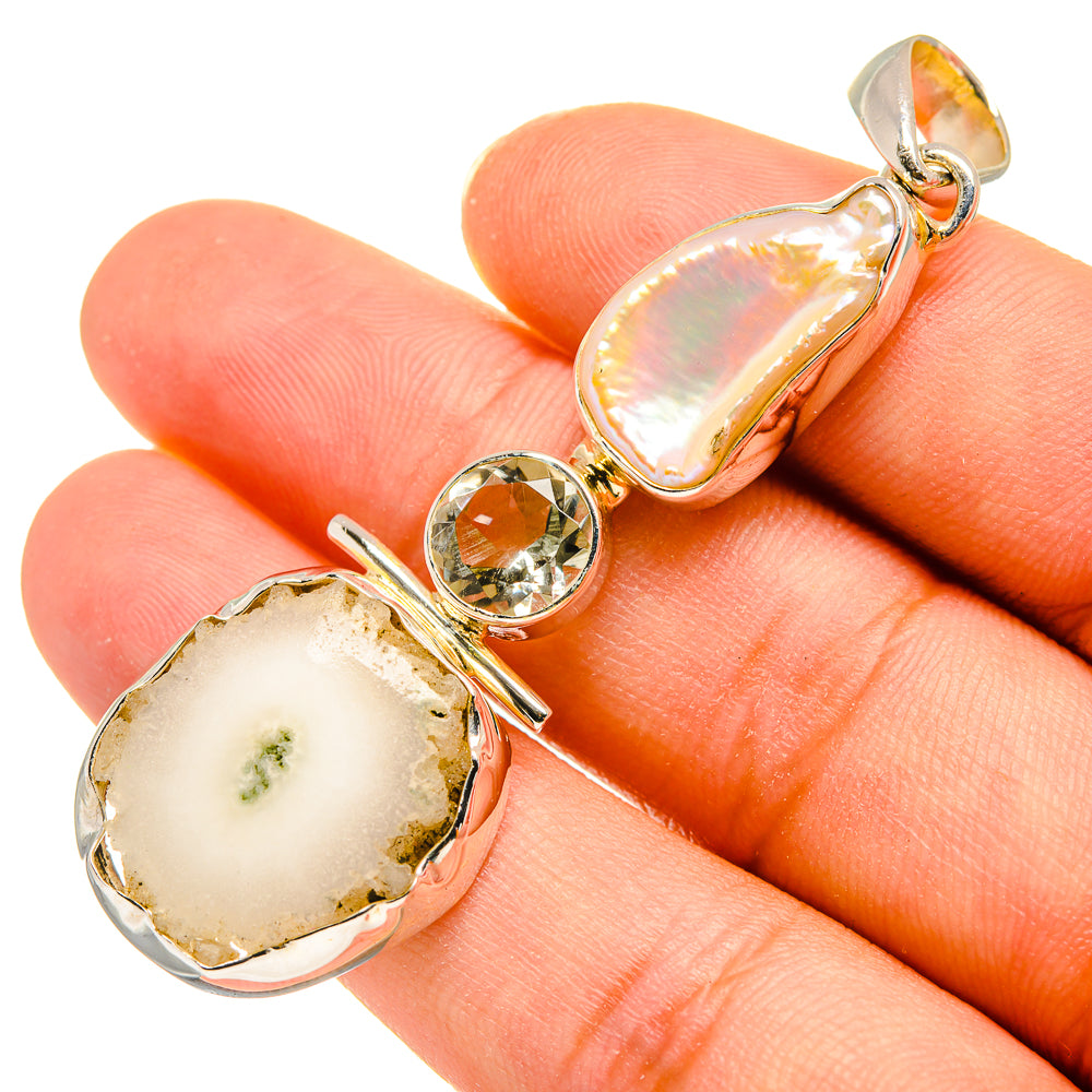 White Solar Quartz, Mother Of Pearl, Green Amethyst Pendants handcrafted by Ana Silver Co - PD8160