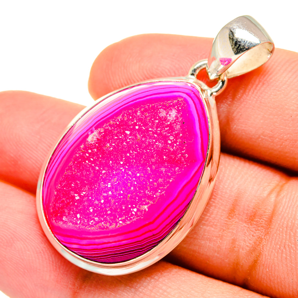 Pink agate drusy pendant, silver teardrop setting with bail and pink accent