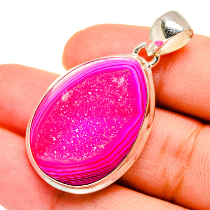Pink agate drusy pendant, silver teardrop setting with bail and pink accent