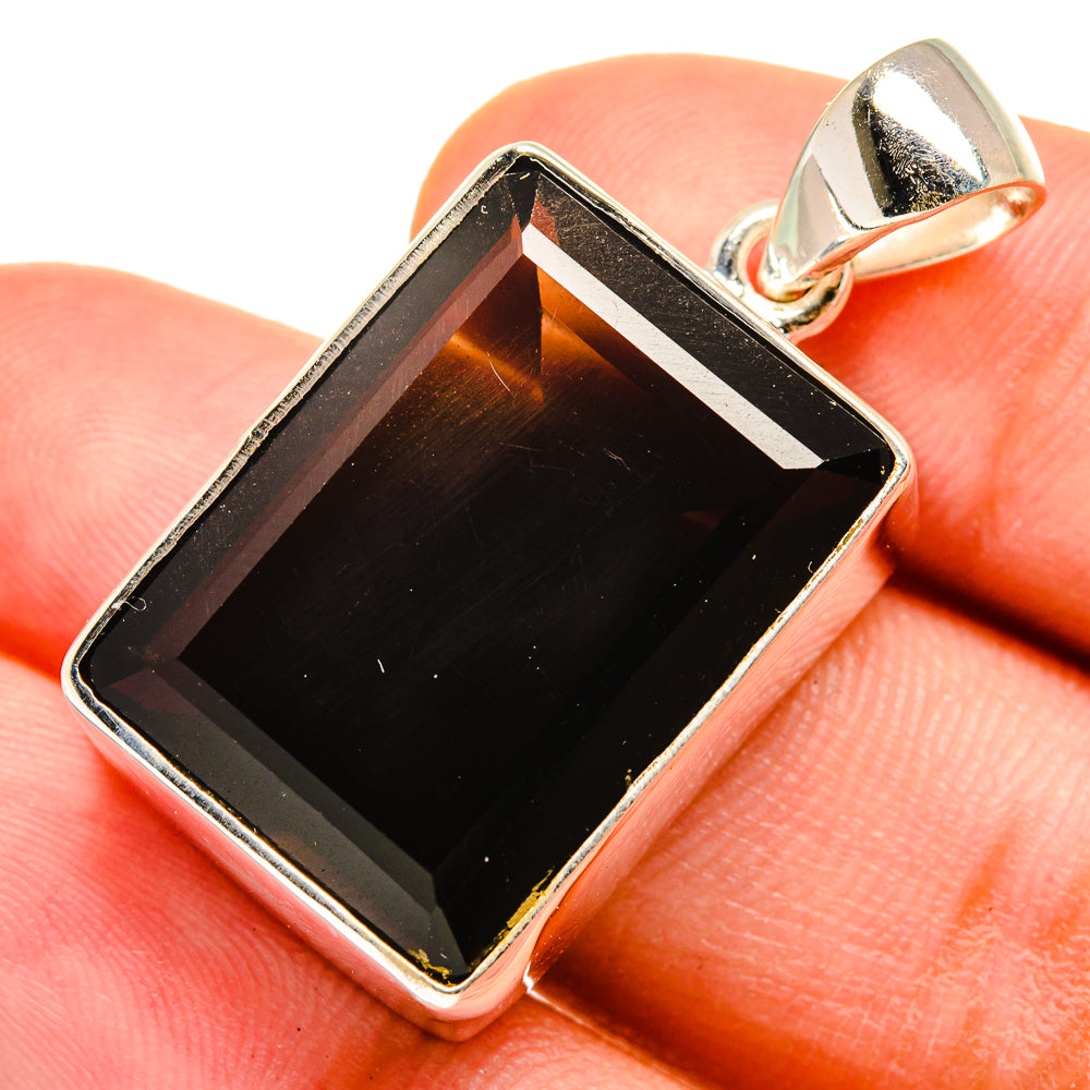Smoky quartz pendant with rectangular faceted stone in polished 925 sterling silver bezel