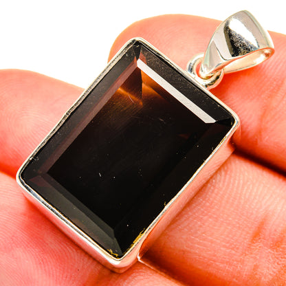 Smoky quartz pendant with rectangular faceted stone in polished 925 sterling silver bezel