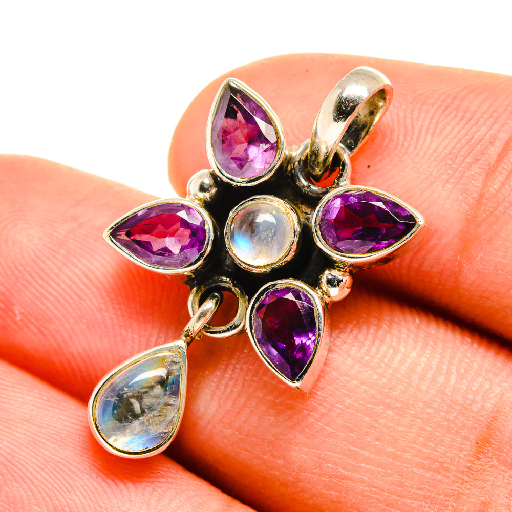 Amethyst teardrop and moonstone oval pendant, gold-tone 925 sterling silver