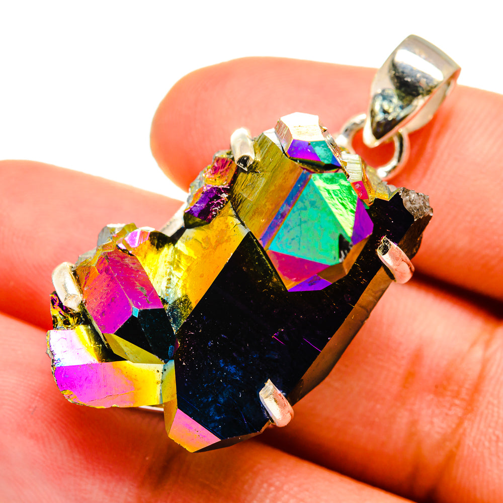Sterling silver pendant with multicolor druzy crystal cluster and loop bail